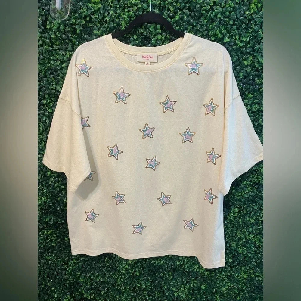 Peach Love - All Over Sequin Star Top - Size Small NEW - Picture 3 of 8